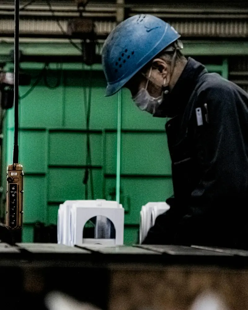 Operário de capacete azul trabalhando em uma linha de produção industrial